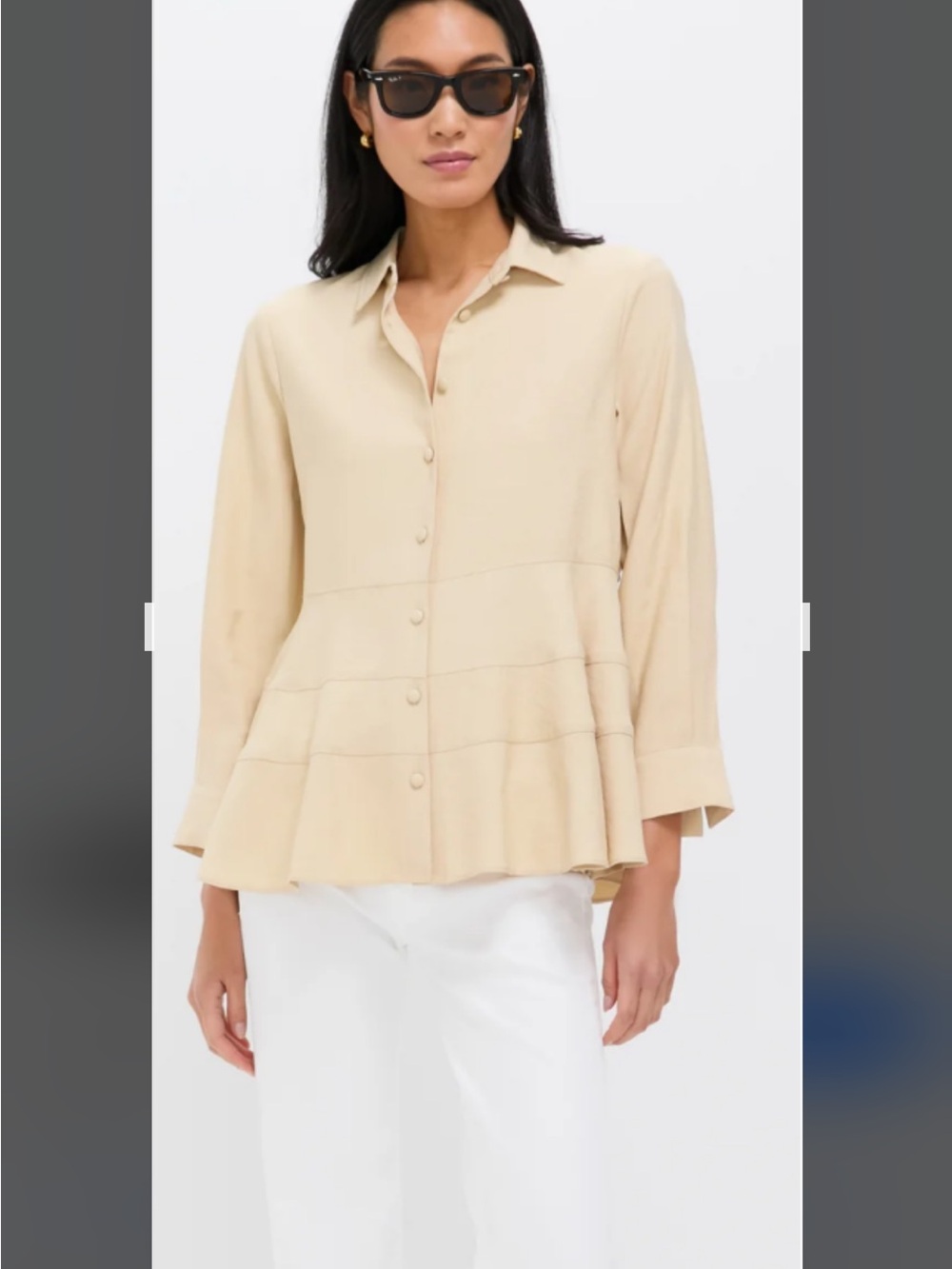 Tuckernuck Beige Button-Front Peplum Shirt “Pomander Place”